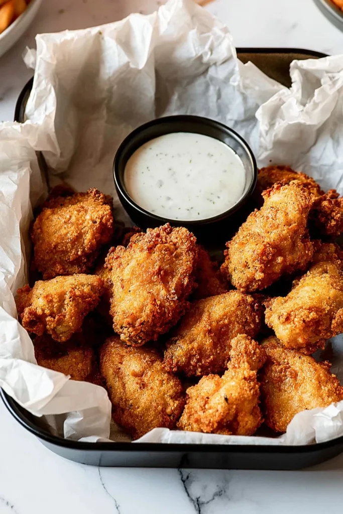 Crispy buttermilk oven fried chicken served on a plate with sides