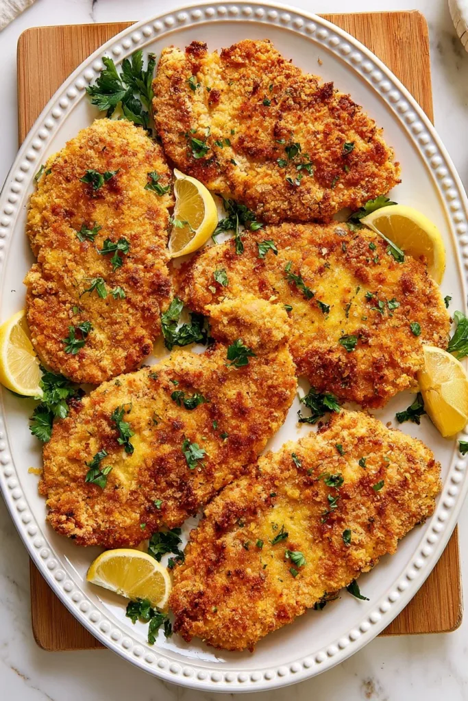 Crispy oven baked chicken cutlets on a platter garnished with herbs