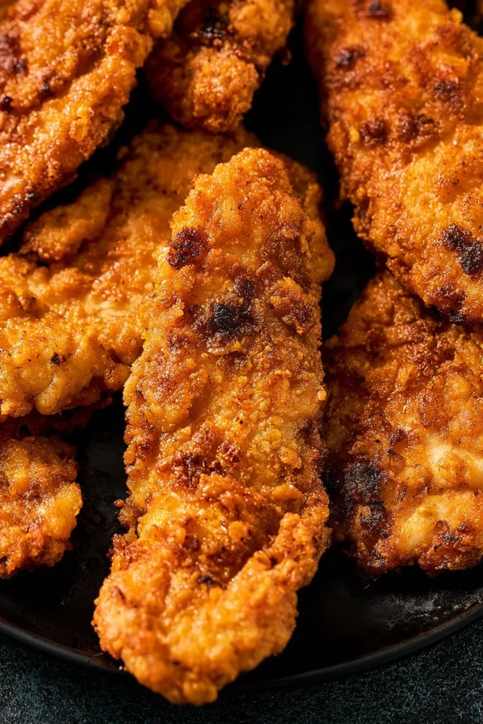 Crispy oven fried chicken served on a plate with garnishes