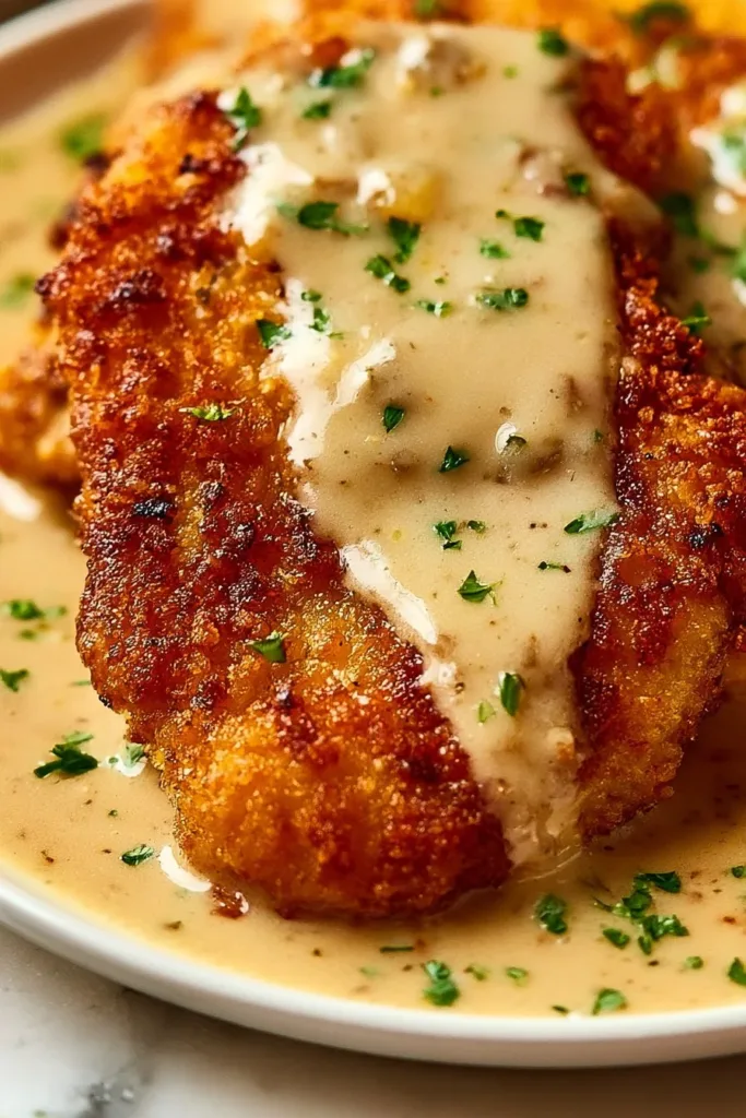 Crispy Parmesan chicken garnished with herbs on a plate