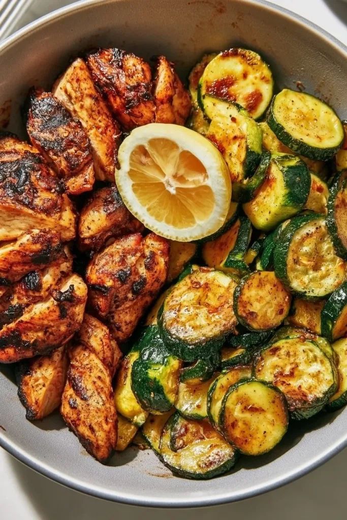Easy Asado Chicken with lemon and zucchini saute in a serving dish