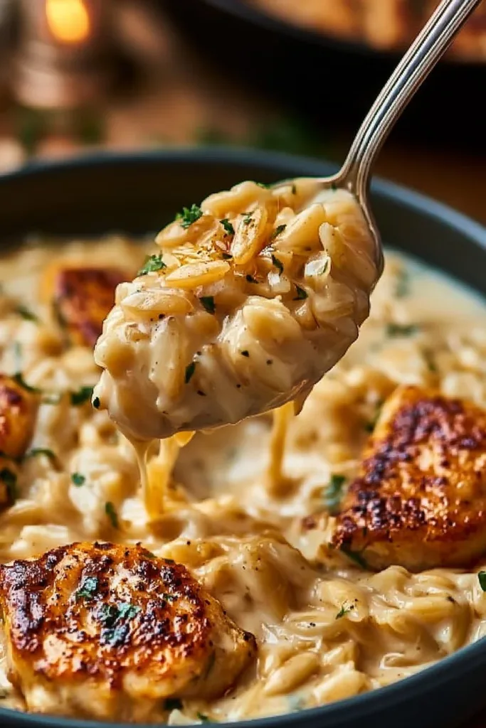 Delicious Easy Creamy Marry Me Chicken Orzo served in a bowl