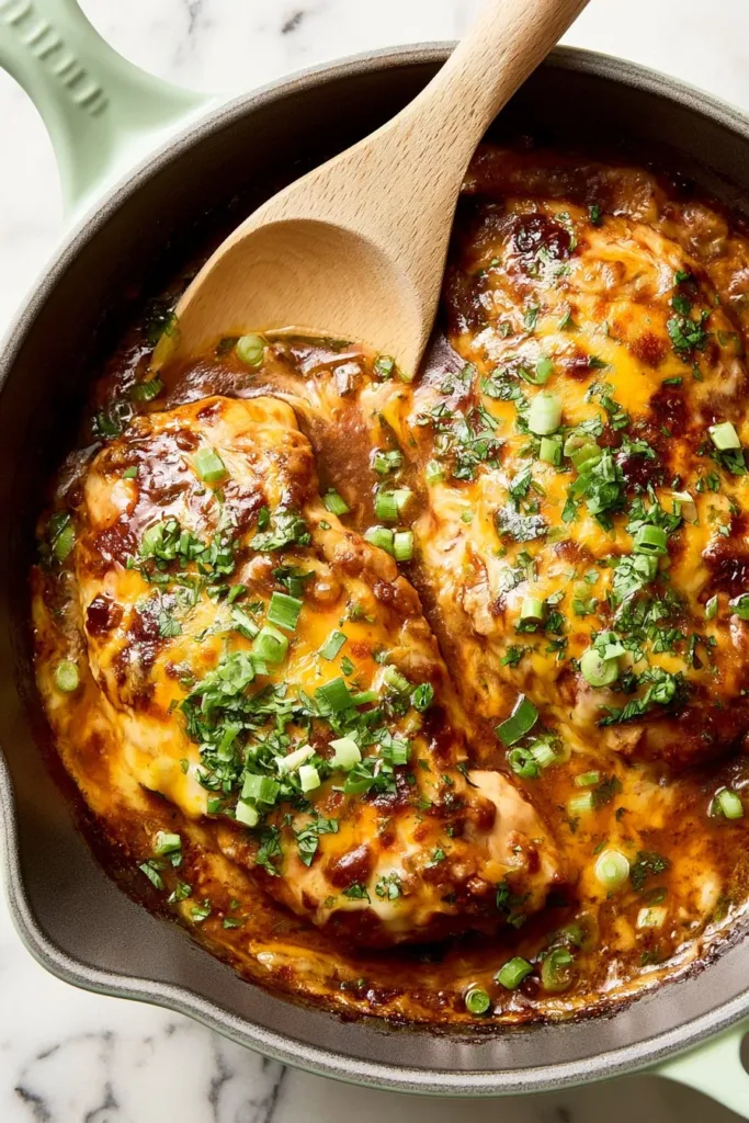 Delicious green chile chicken dish garnished with fresh herbs