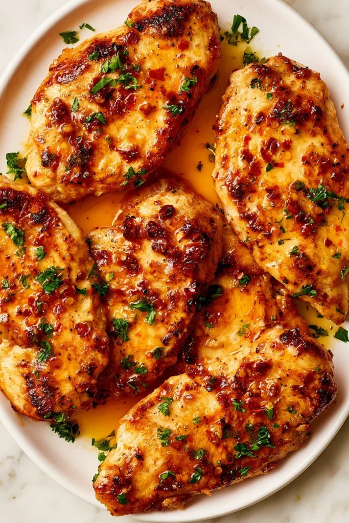 Juicy grilled chicken thighs served with herbs and spices on a plate.