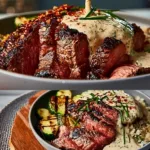 Grilled steak bowl with zucchini and vegetables on a rustic table