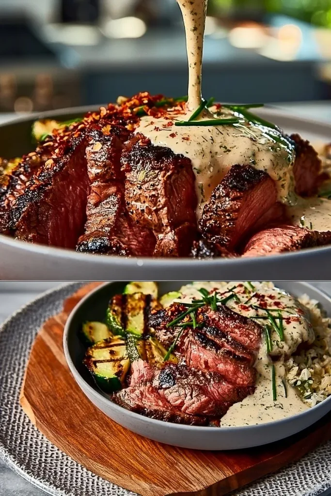 Grilled steak bowl with zucchini and vegetables on a rustic table