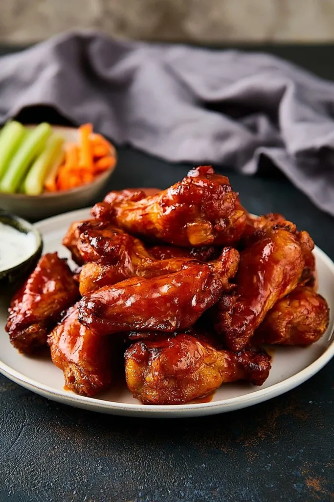 Plate of honey barbecue chicken wings with a side of dipping sauce