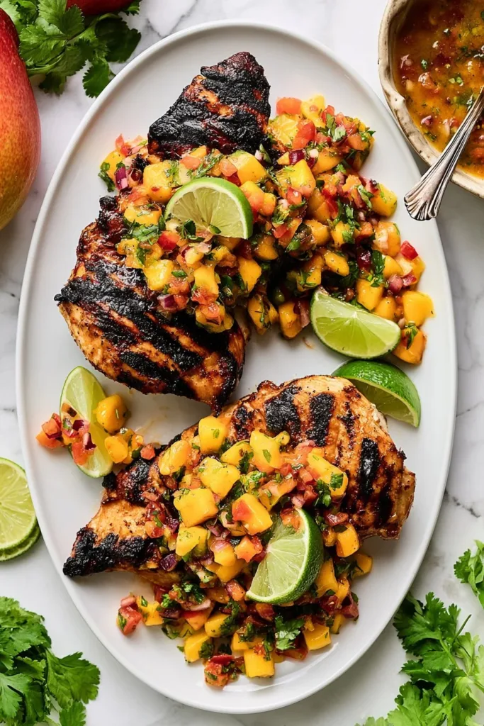 Delicious Hot Honey Chicken with peach pico de gallo topping.
