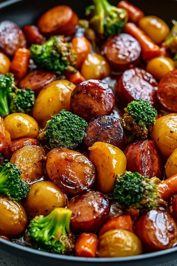 Delicious Kielbasa recipe featuring honey garlic glaze served on a plate.