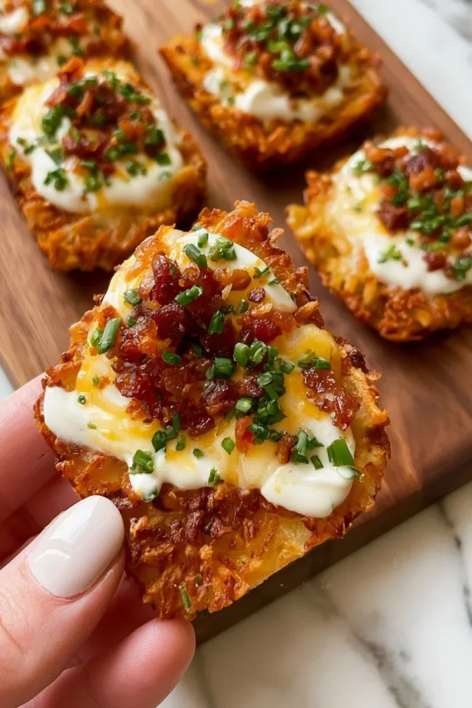 Delicious loaded hash browns patties topped with cheese and green onions.