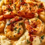 Creamy mashed potatoes topped with garlic shrimp in a savory dish.