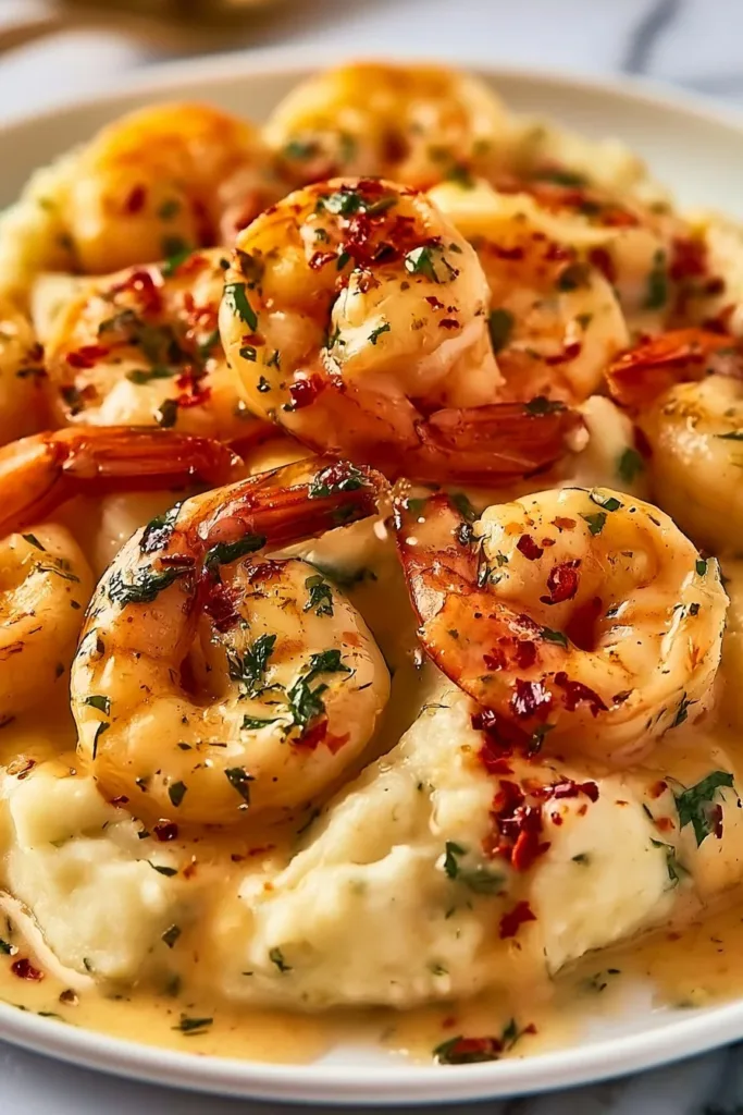 Creamy mashed potatoes topped with garlic shrimp in a savory dish.