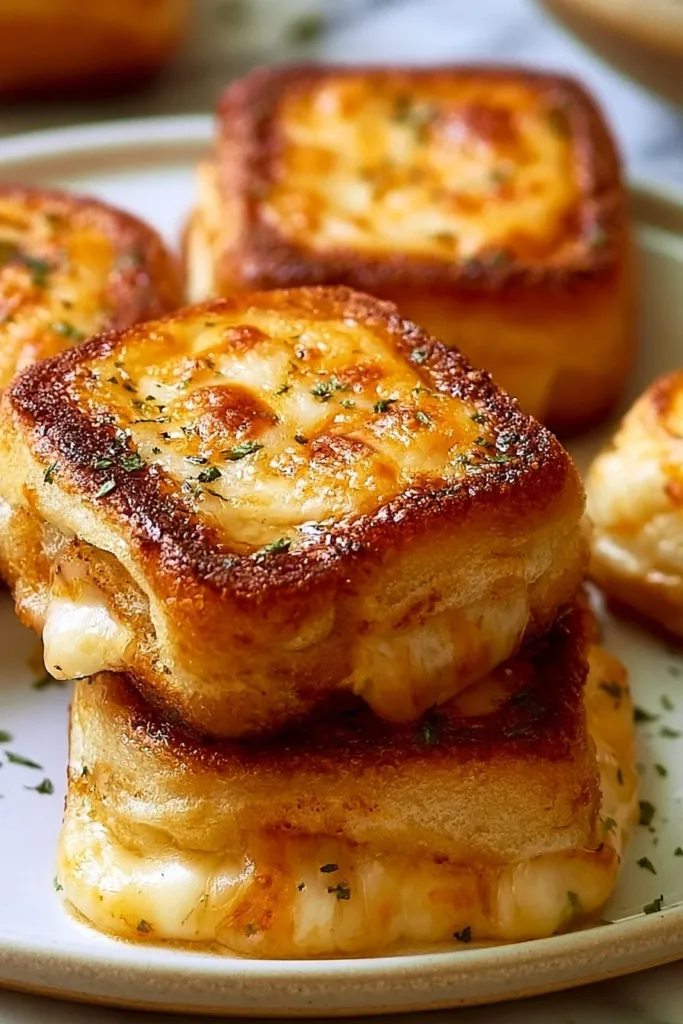 Mini grilled cheese rolls served on a platter with dipping sauce.
