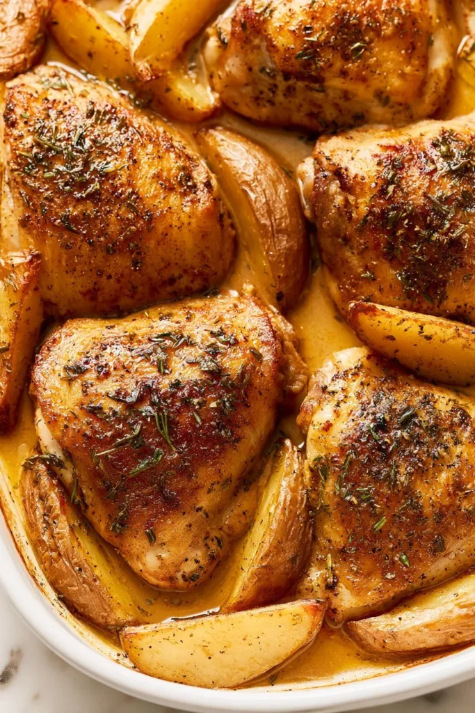 One Pan Baked Chicken with crispy potatoes ready to serve