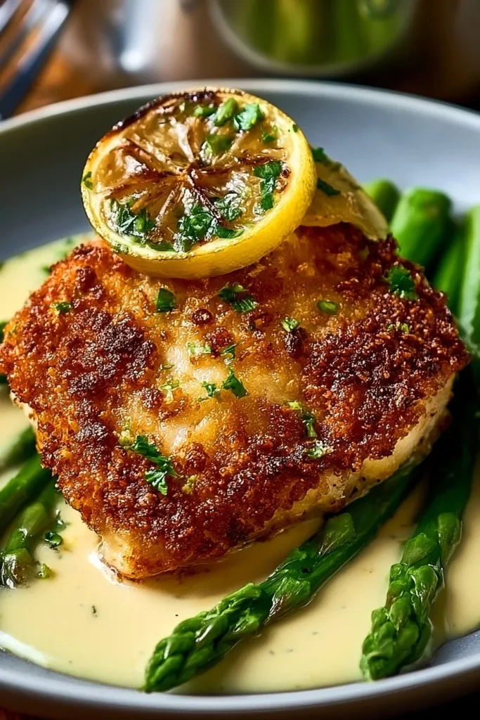 Parmesan Crusted Chicken served with a side of creamy lemon sauce