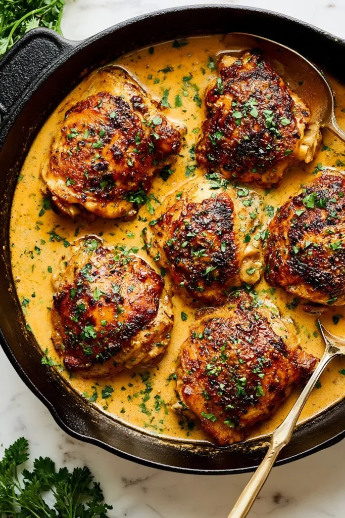 Delicious skillet chicken thighs cooked with herbs and spices