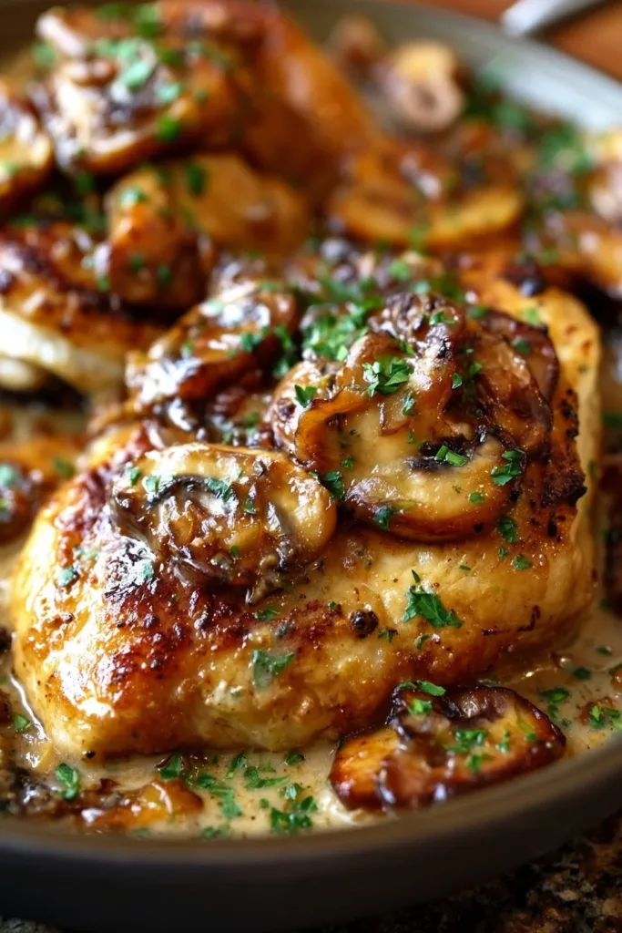 Delicious smothered chicken served with creamy gravy and vegetables