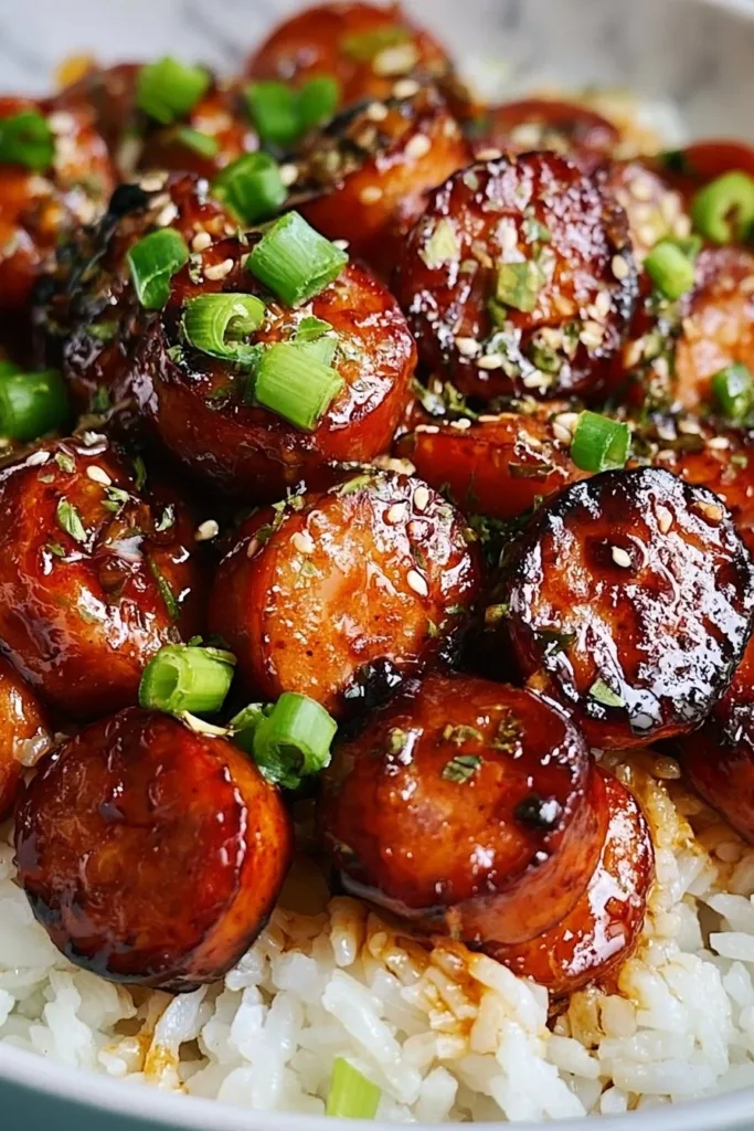 Delicious sticky honey garlic sausage rice served in a bowl