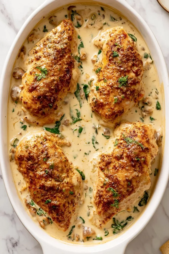 Juicy Tuscan chicken breast with herbs, sun-dried tomatoes, and spinach