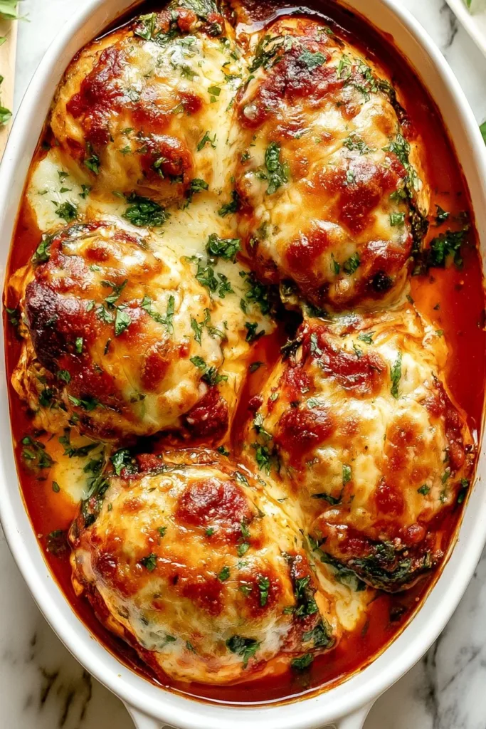 Delicious Tuscan chicken casserole topped with herbs and cheese