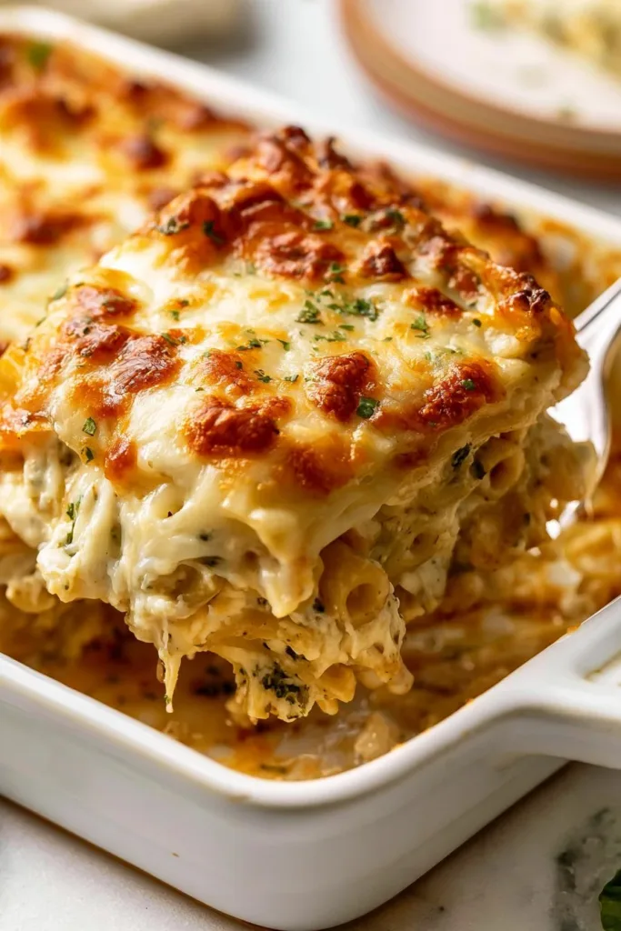 A delicious white chicken lasagna served in a baking dish